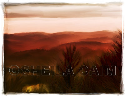 A digital painting of a mountain scene