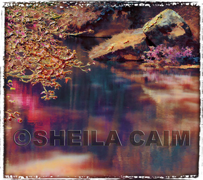 A digital watercolor of a river scene