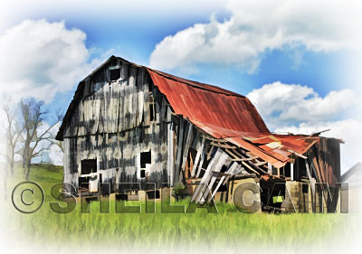 A digital painting of a collapsing barn