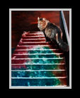 A surrealistic image of a cat walking up steps rising out of the ocean thumbnail