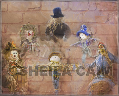 A surrealistic image of dolls and scarecrows