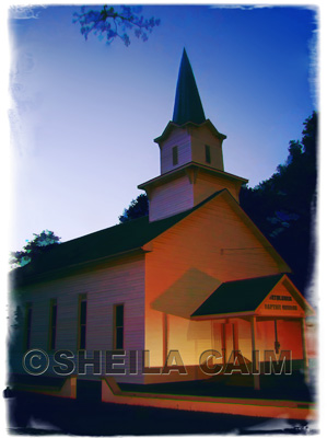A digital watercolor of a country church in the evening