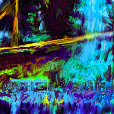 First of a series of digital oil paintings of different views of a moody blue wooded waterfall landscape.