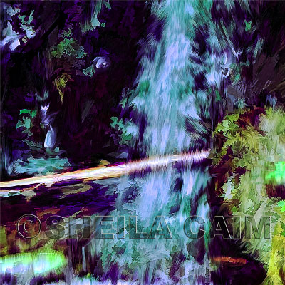 Second of a series of digital oil paintings of different views of a moody blue wooded waterfall landscape.