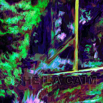 Fourth of a series of digital oil paintings of different views of a moody blue wooded waterfall landscape.
