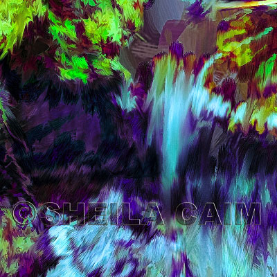 Fifth of a series of digital oil paintings of different views of a moody blue wooded waterfall landscape.