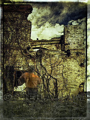 An old burned building and a ghostly bagpiper