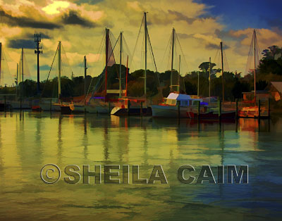 Digital watercolor of docked boats