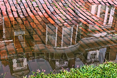 Reflections of houses in wet street