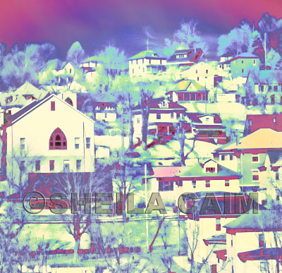 Digital watercolor of view of town from hill 