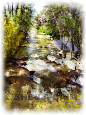 A digital painting of springtime in the mountains
