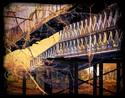 A digital painting of two bridges, one old, one new.