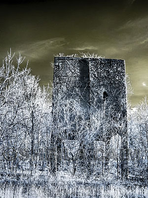 Infrared image of old stone towers