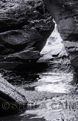 Black and White image of river flowing thru rocks