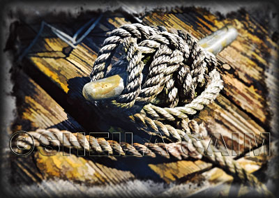 Image of coiled rope lying on the deck of a boat